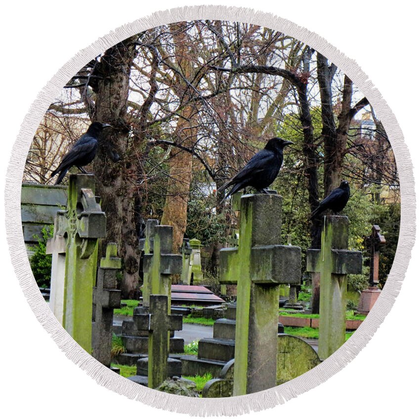 Brompton Cemetery Round Beach Towel featuring the photograph Three Ravens by Gia Marie Houck