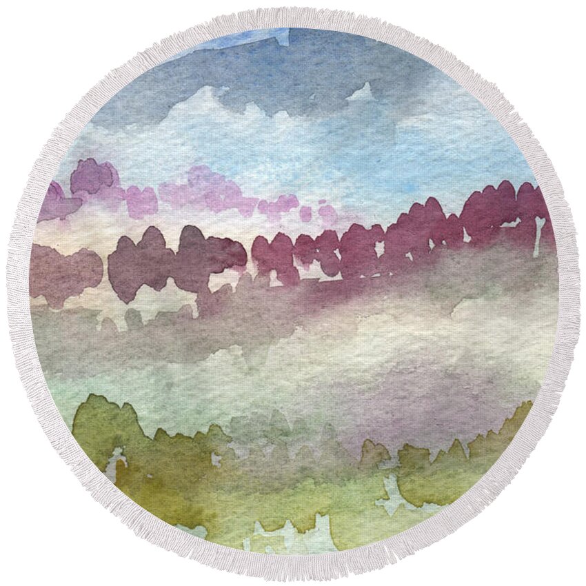 Abstract Landscape Round Beach Towel featuring the painting Through The Trees by Linda Woods