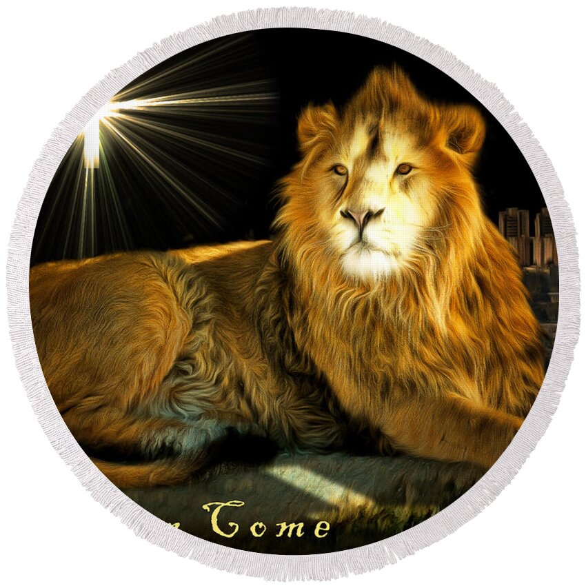 Lion Round Beach Towel featuring the photograph Thy Kingdom Come 201502113brun with text by Wingsdomain Art and Photography