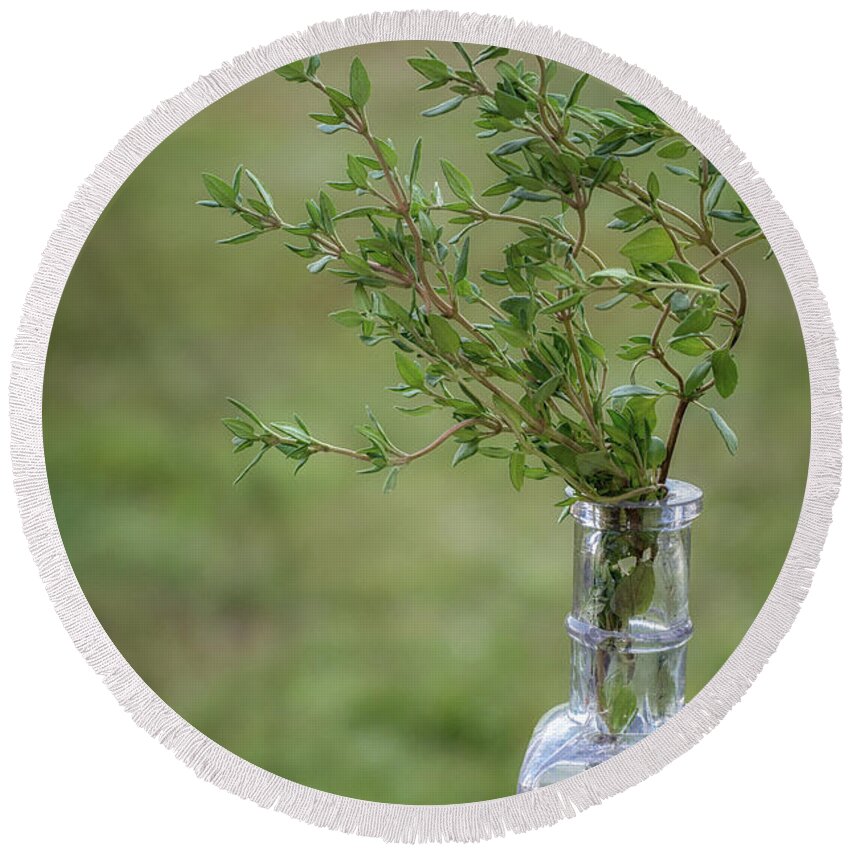 Thyme Round Beach Towel featuring the photograph Thyme in a Bottle by Scott Thorp