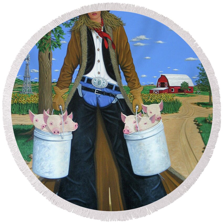 Little Piglets Round Beach Towel featuring the painting Tickled Pink by Lance Headlee