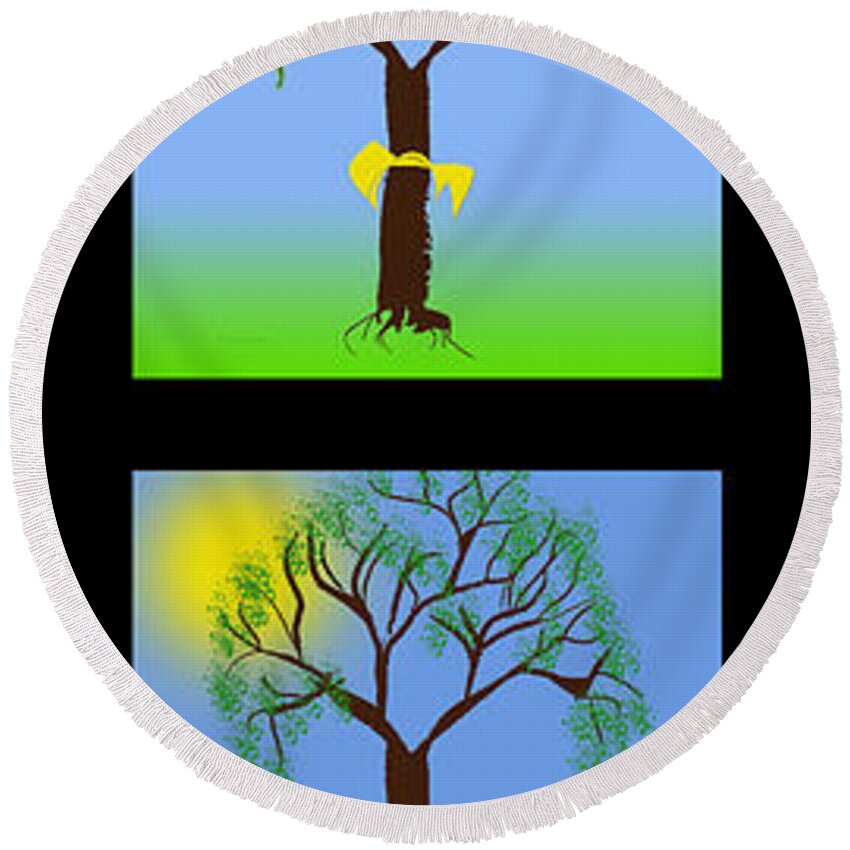 Tree Round Beach Towel featuring the digital art Tie A Yellow Ribbon Panorama 1 by Andee Design