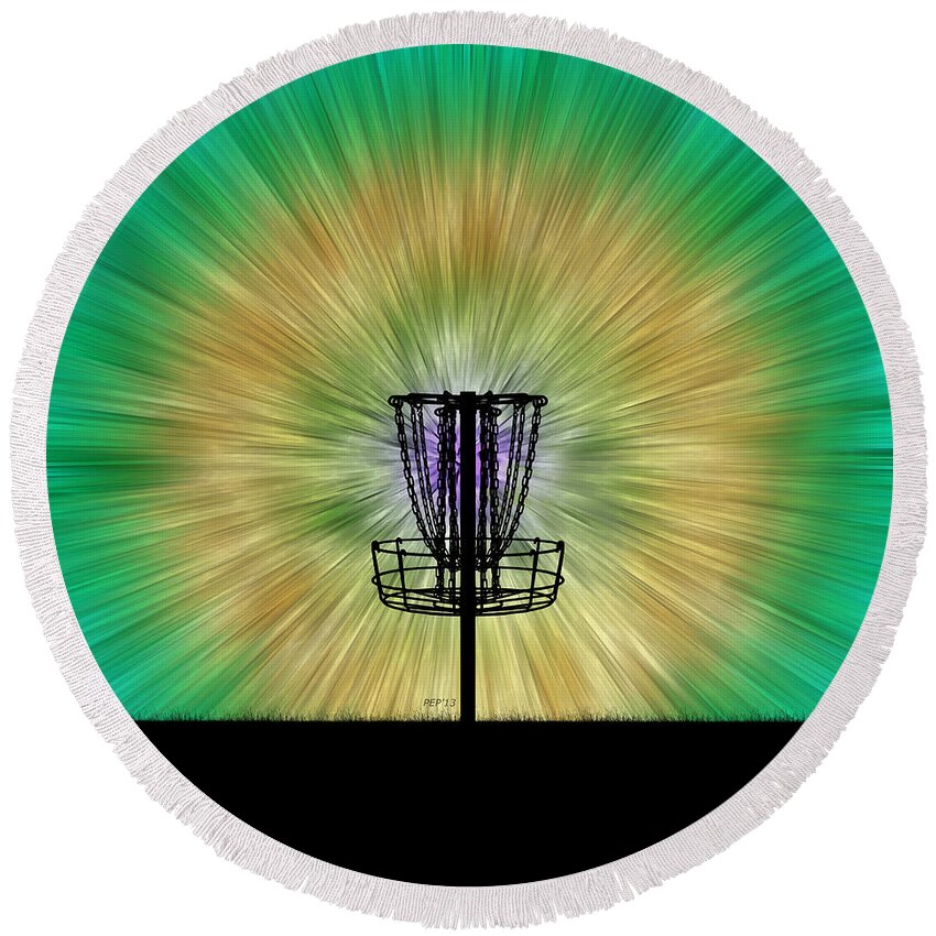 Tie Dye Round Beach Towel featuring the digital art Tie Dye Disc Golf Basket by Phil Perkins