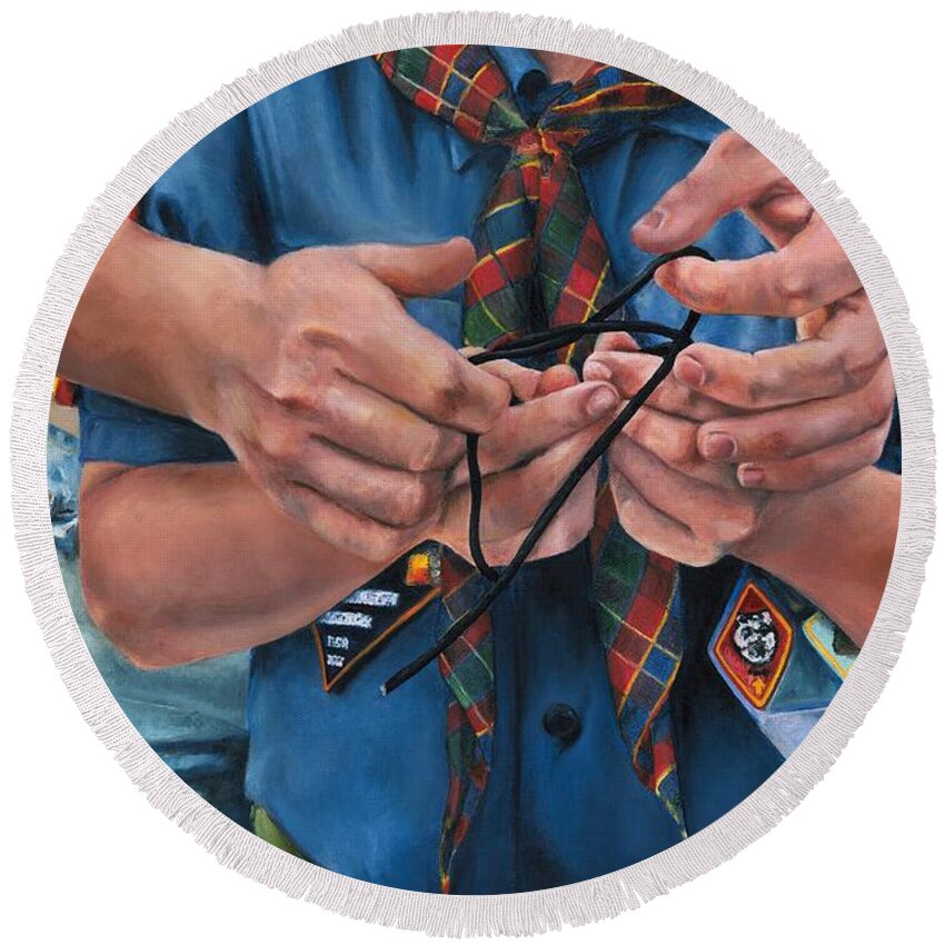 Scout Round Beach Towel featuring the painting Ties That Bind by Lori Brackett