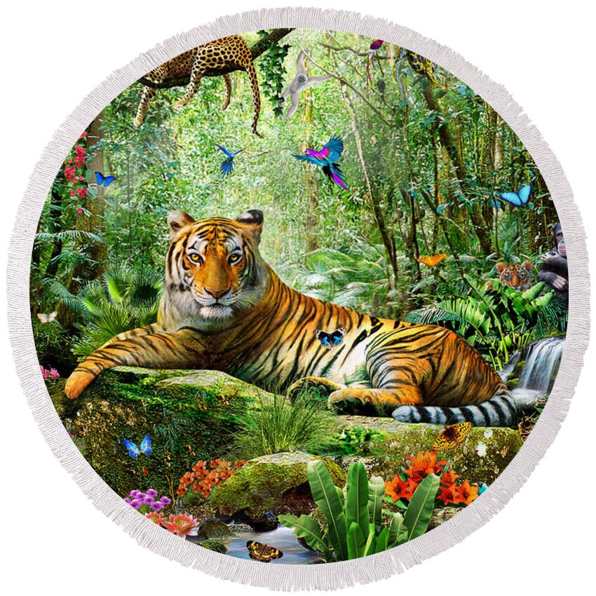 Adrian Chesterman Round Beach Towel featuring the digital art Tiger In The Jungle by MGL Meiklejohn Graphics Licensing