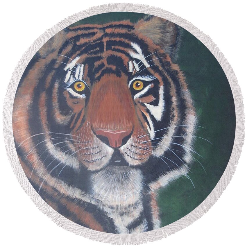 Pets Round Beach Towel featuring the painting Tiger by Kathie Camara