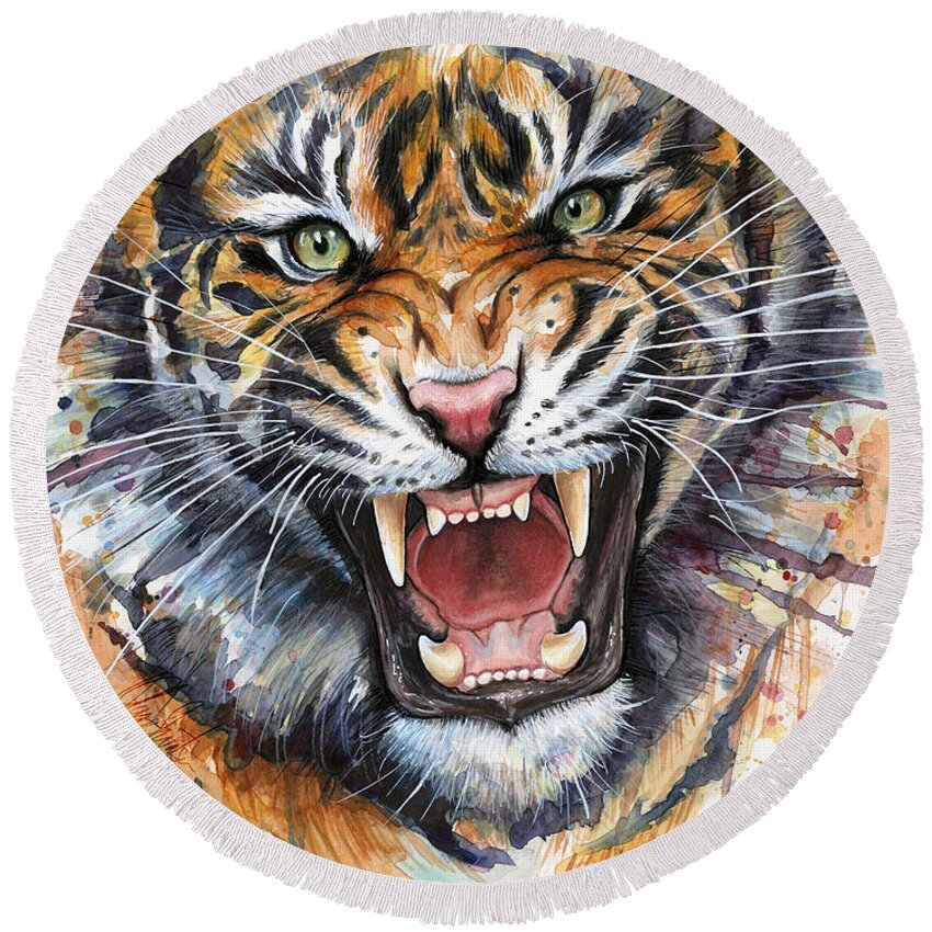 Watercolor Round Beach Towel featuring the painting Tiger Watercolor Portrait by Olga Shvartsur