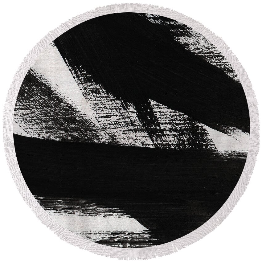 Black And White Abstract Round Beach Towel featuring the painting Timber 2- horizontal abstract black and white painting by Linda Woods