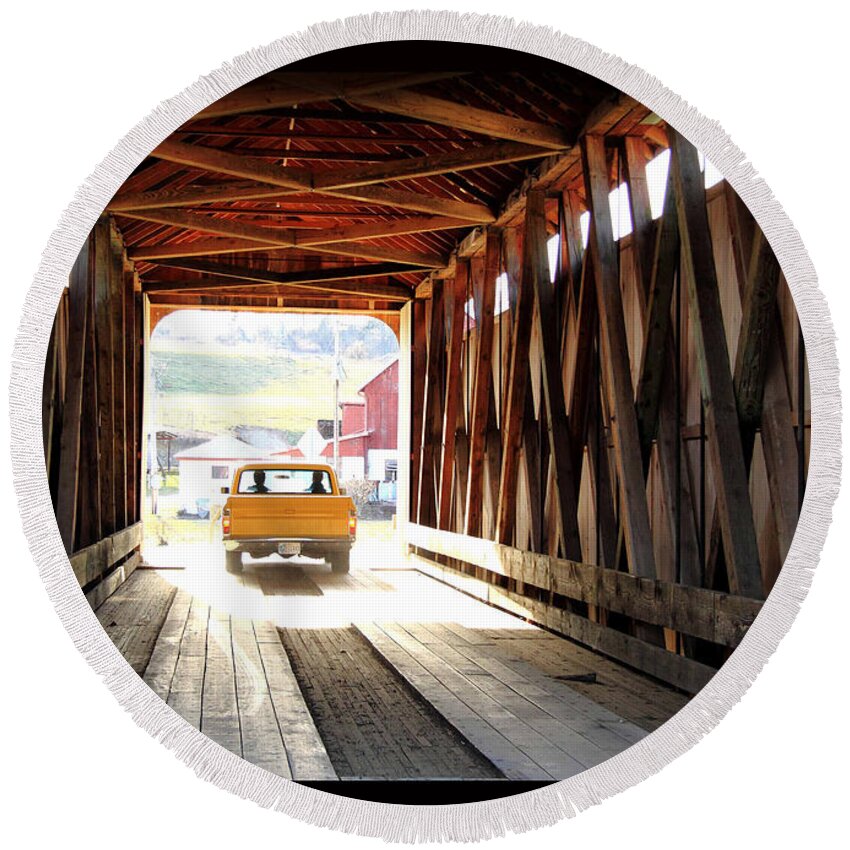 Covered Bridge Round Beach Towel featuring the photograph TIme Portal by PJQandFriends Photography