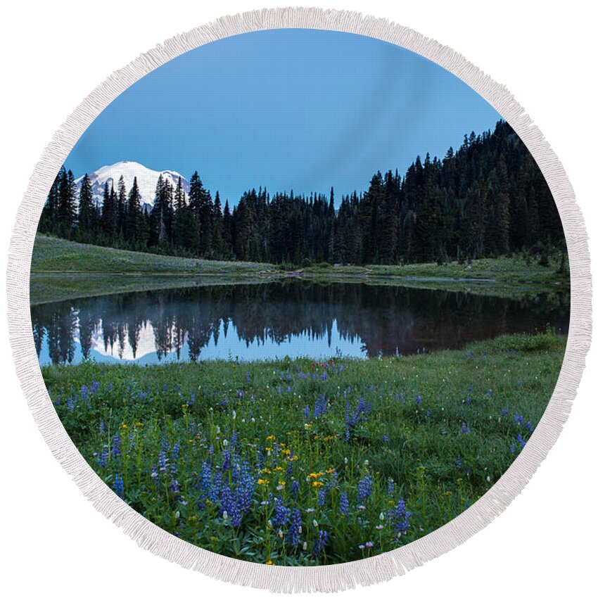 Rainier Round Beach Towel featuring the photograph Tipsoo Morning Meadows by Mike Reid