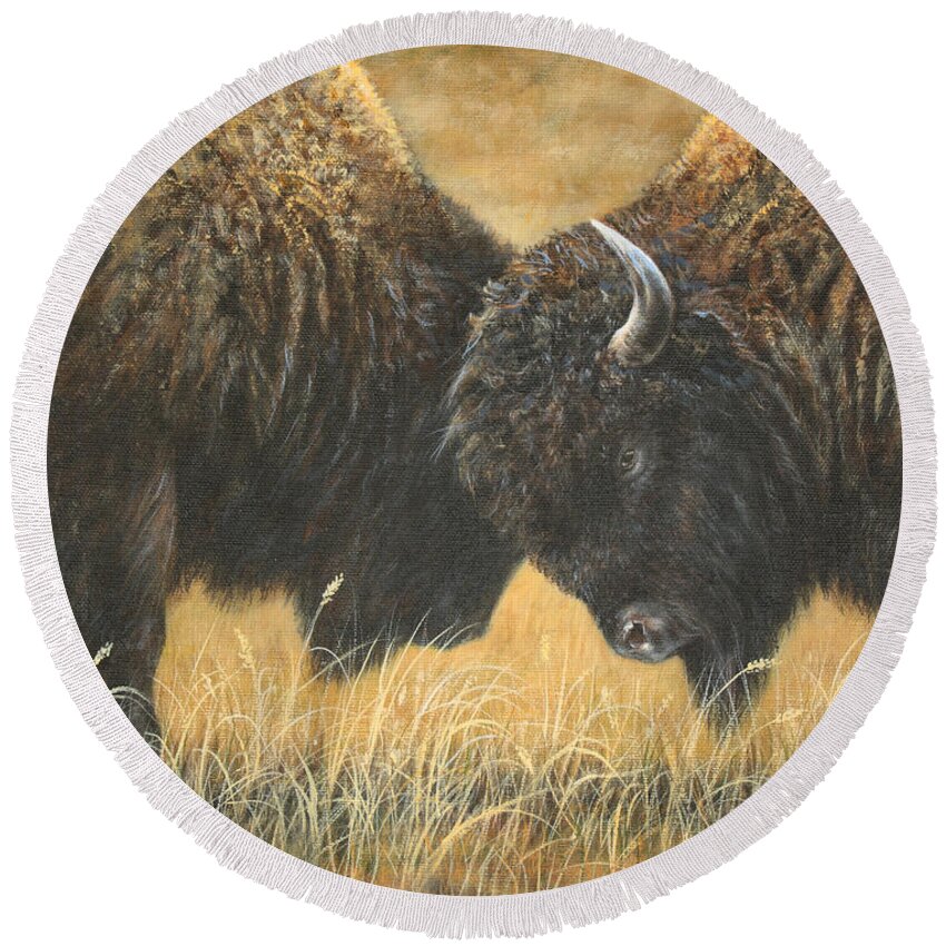 Bison Round Beach Towel featuring the painting Titans of the Plains by Kim Lockman