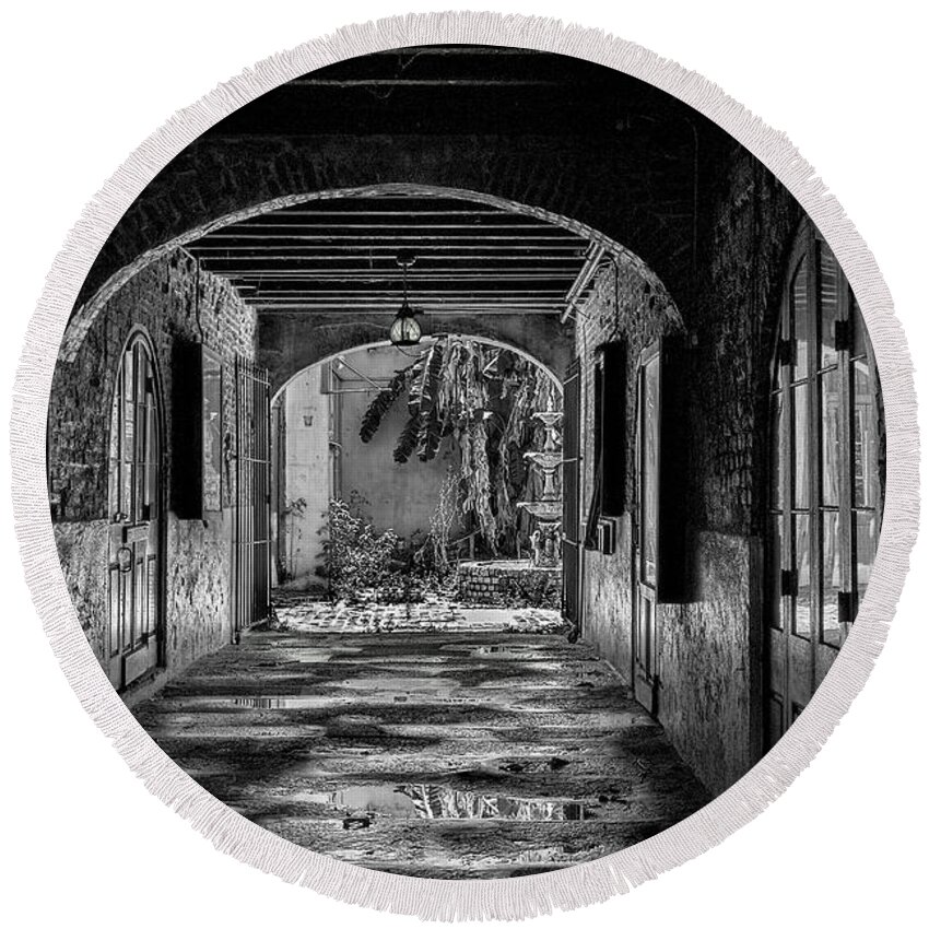 Structures Round Beach Towel featuring the photograph To The Courtyard - BW by Christopher Holmes