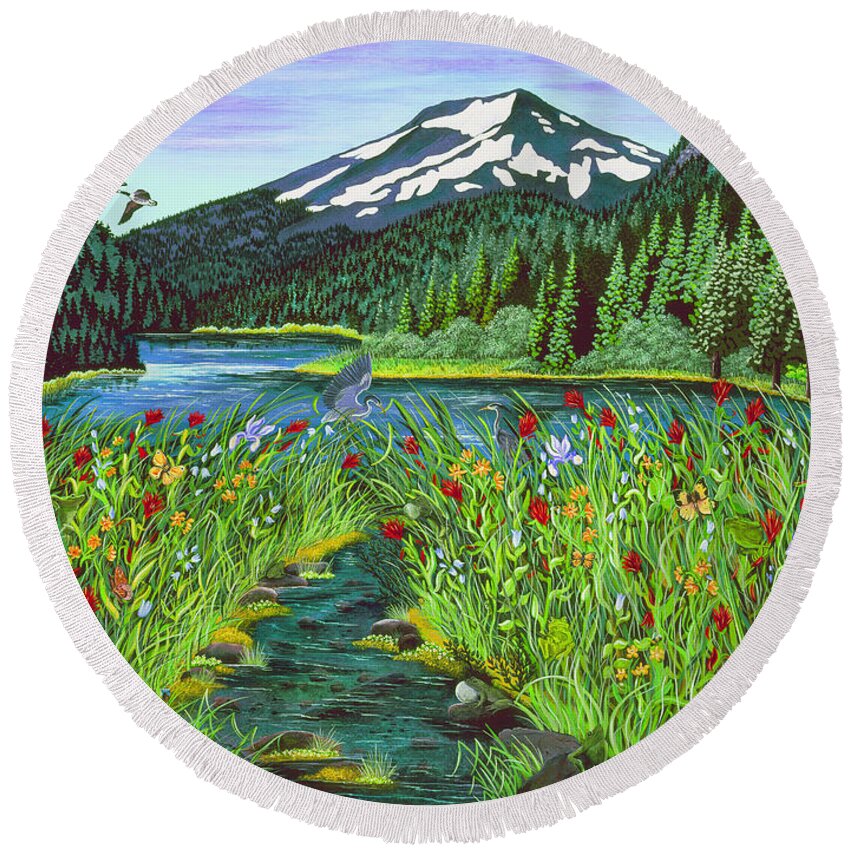 Mountain Lake Round Beach Towel featuring the painting Todd Lake Mt. Bachelor by Jennifer Lake