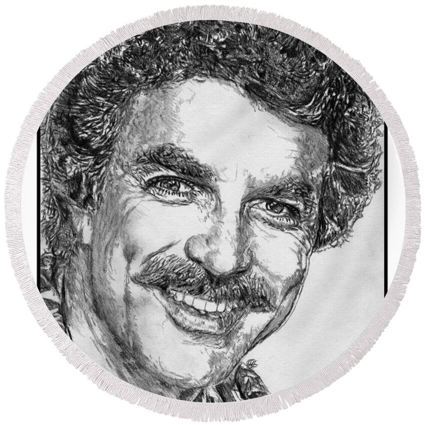 Tom Selleck Round Beach Towel featuring the drawing Tom Selleck in 1984 by J McCombie