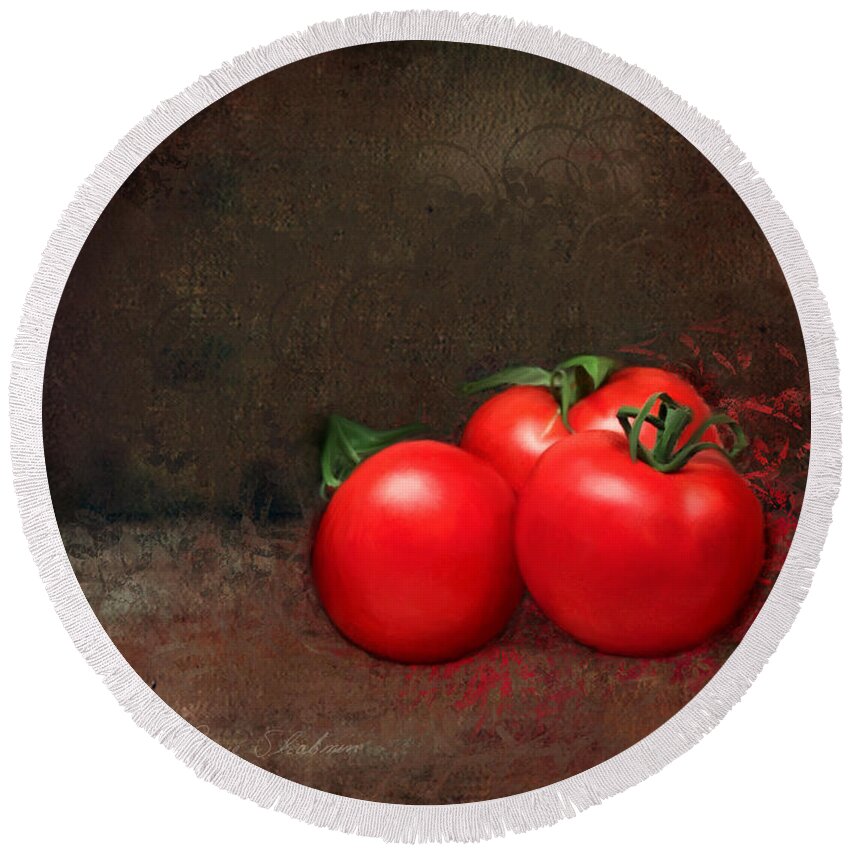 Tomatoes Round Beach Towel featuring the painting Tomato Trio by Portraits By NC