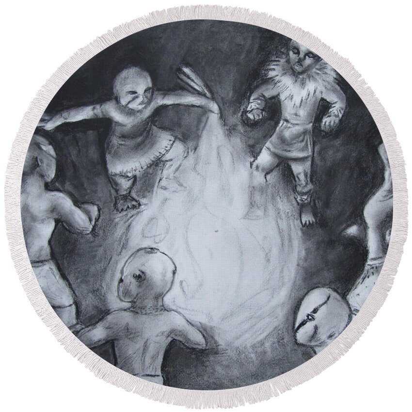 Channeling Round Beach Towel featuring the drawing Totem Dancers - Channeling the Spirits by Samantha Geernaert