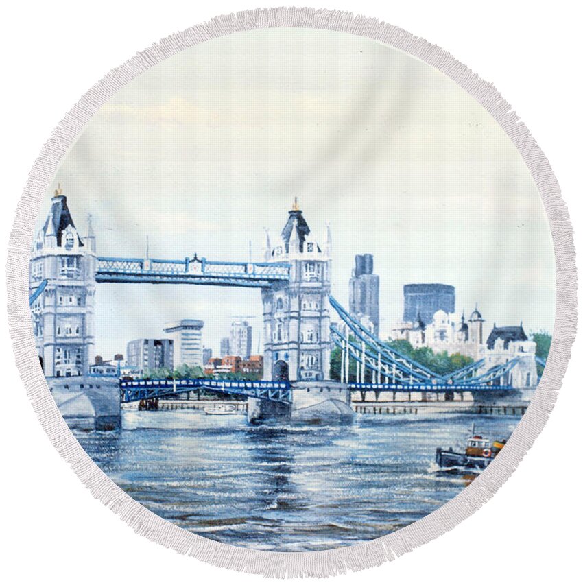 Tower Bridge Round Beach Towel featuring the painting Tower Bridge and The City of London by Mackenzie Moulton