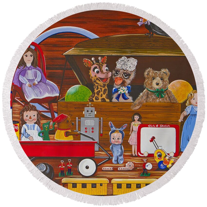 Toys Round Beach Towel featuring the painting Toys in the Attic by Jennifer Lake