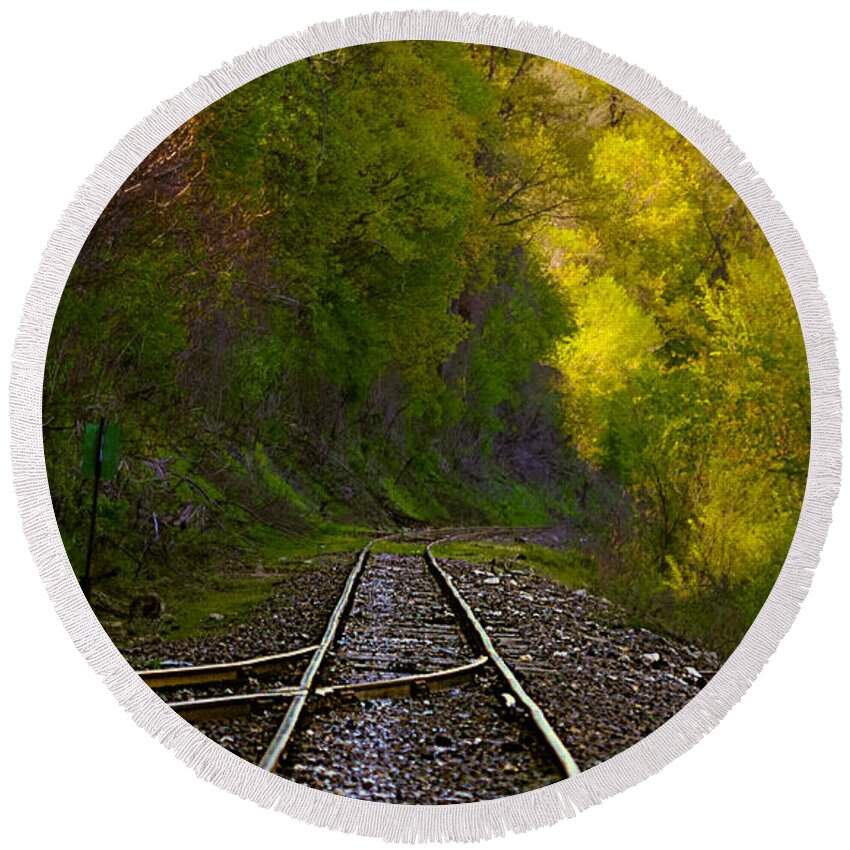 Railroad Tracks Landscape Round Beach Towel featuring the photograph Track Through The Hillside by Peggy Franz