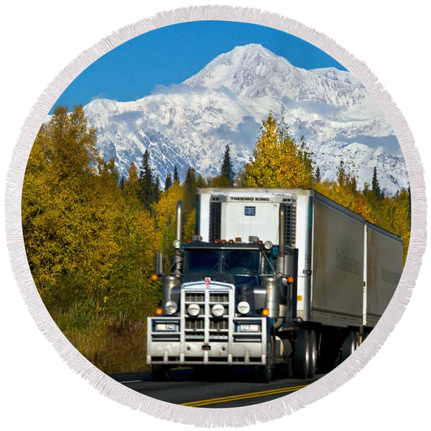 Tractor-trailer Round Beach Towel featuring the photograph Tractor-trailer by Mark Newman