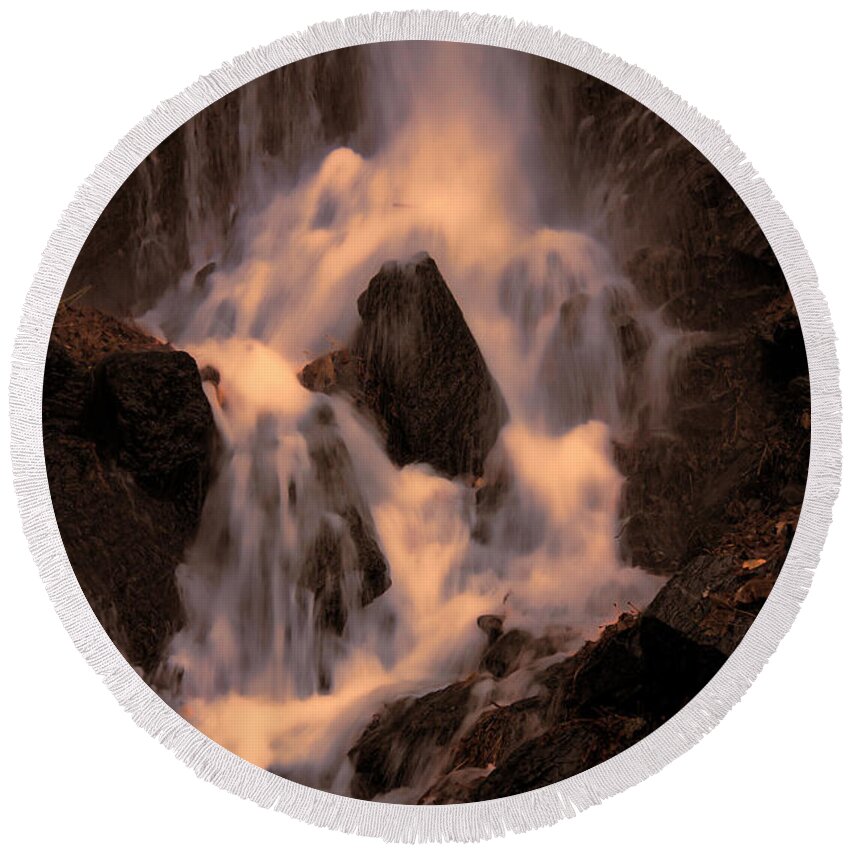 Waterfall Round Beach Towel featuring the photograph Traditional Waterfall At Sunset by Lawrence Christopher