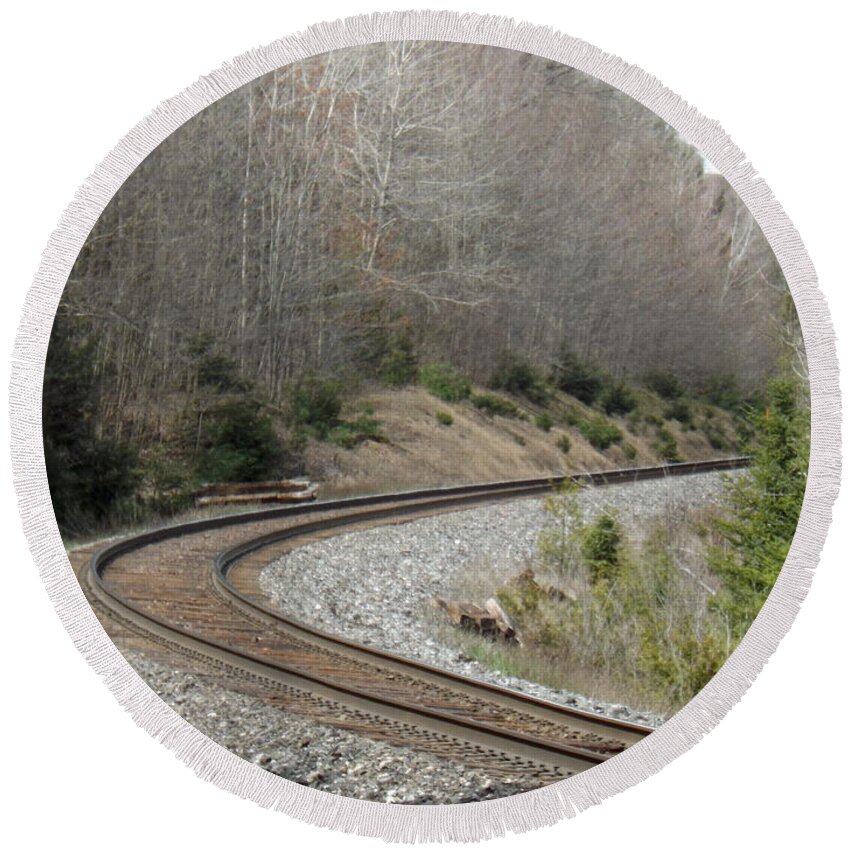 Train Round Beach Towel featuring the photograph Train it coming around the Bend by Brenda Brown