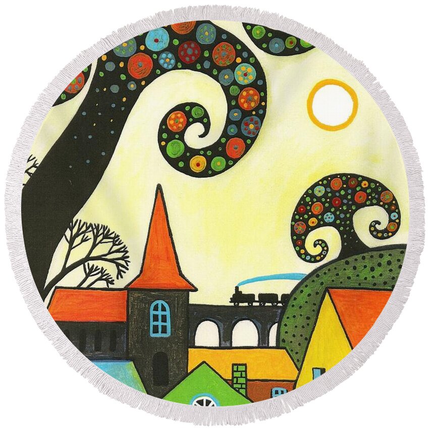 Abstract Round Beach Towel featuring the painting Train Through Town by Margaryta Yermolayeva