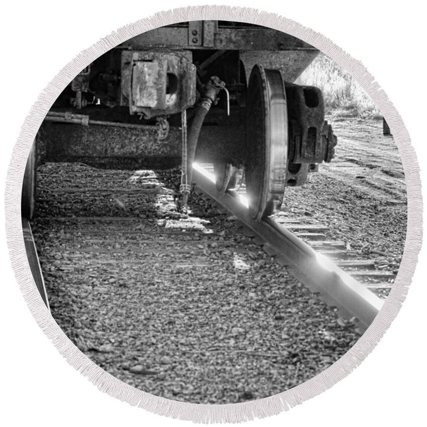 Train Round Beach Towel featuring the photograph Train Wheels Hitting the Tracks by James BO Insogna