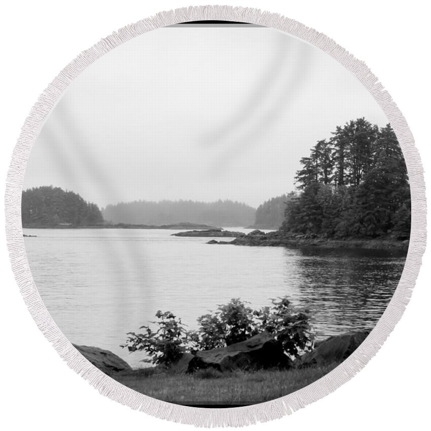 Black And White Round Beach Towel featuring the photograph Tranquil Harbor by Victoria Harrington