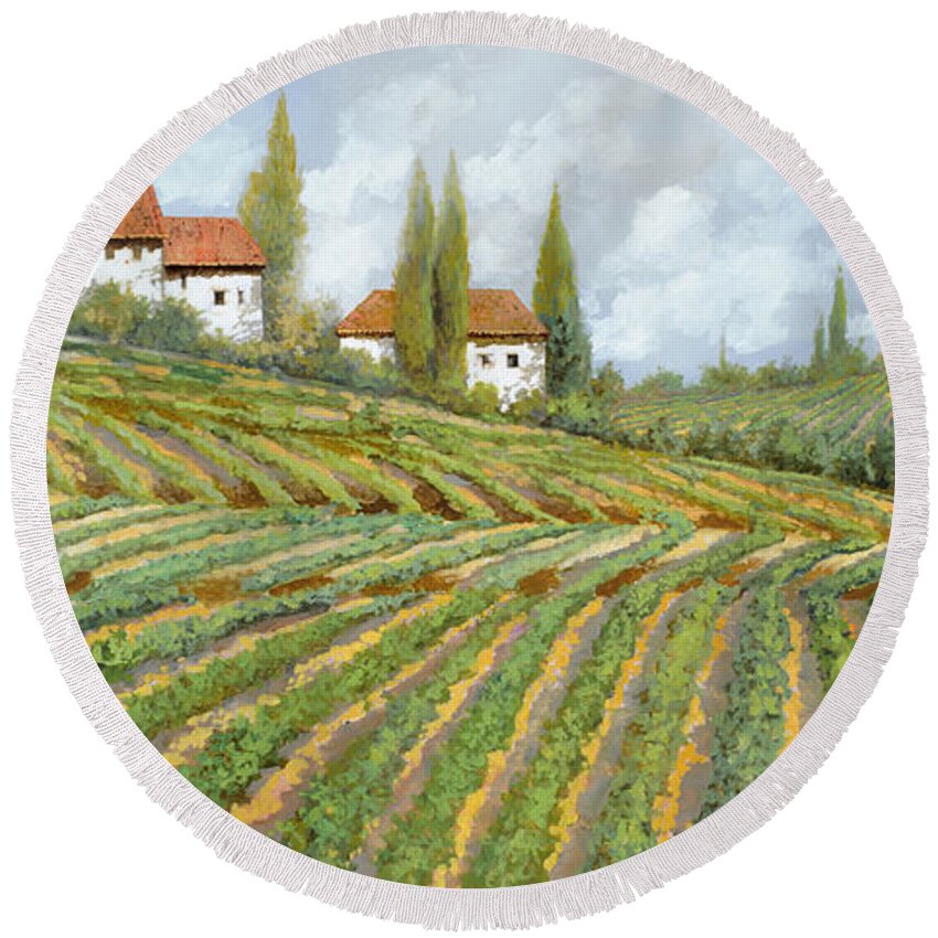 Vineyard Round Beach Towel featuring the painting Tre Case Bianche Nella Vigna by Guido Borelli