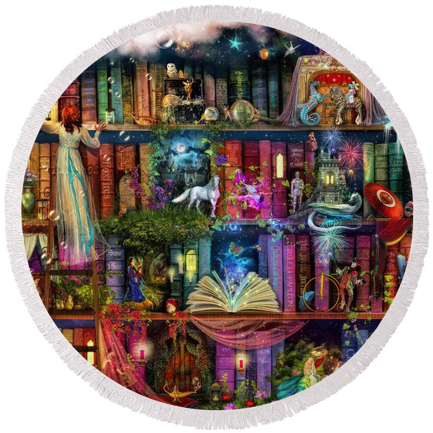 Fairytale Round Beach Towel featuring the digital art Fairytale Treasure Hunt Book Shelf by MGL Meiklejohn Graphics Licensing