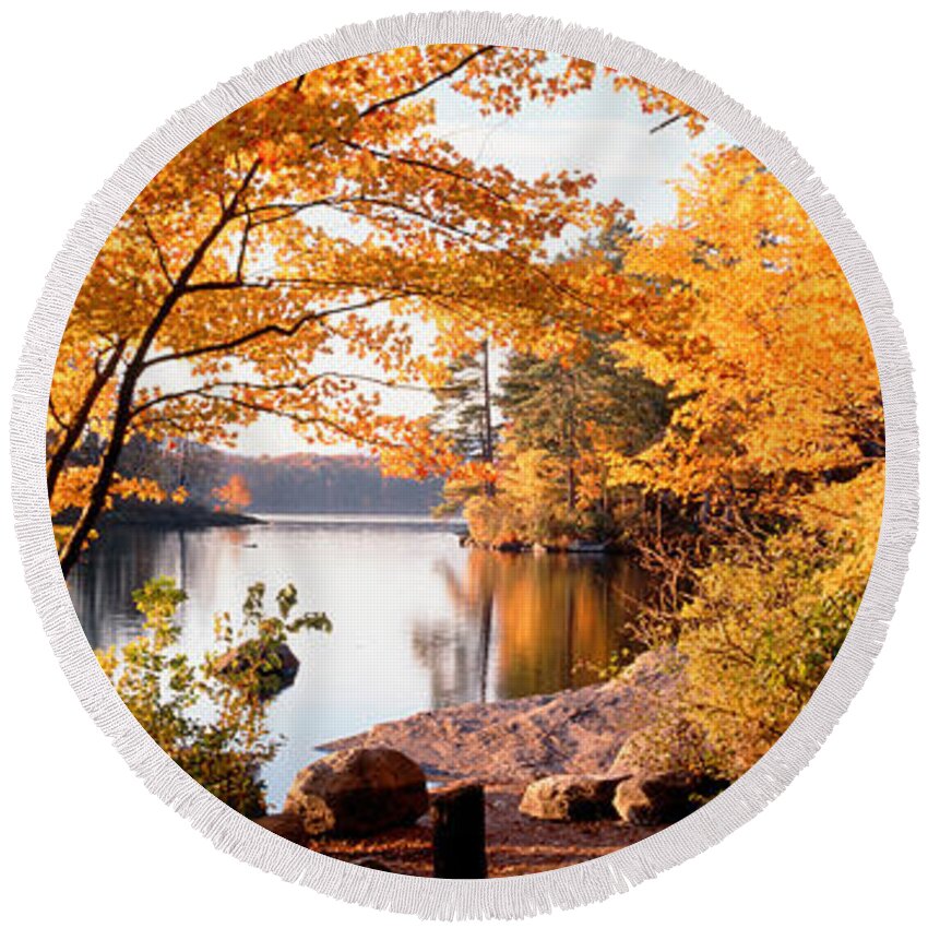 Photography Round Beach Towel featuring the photograph Trees At The Lakeside, Great Sacandaga by Panoramic Images