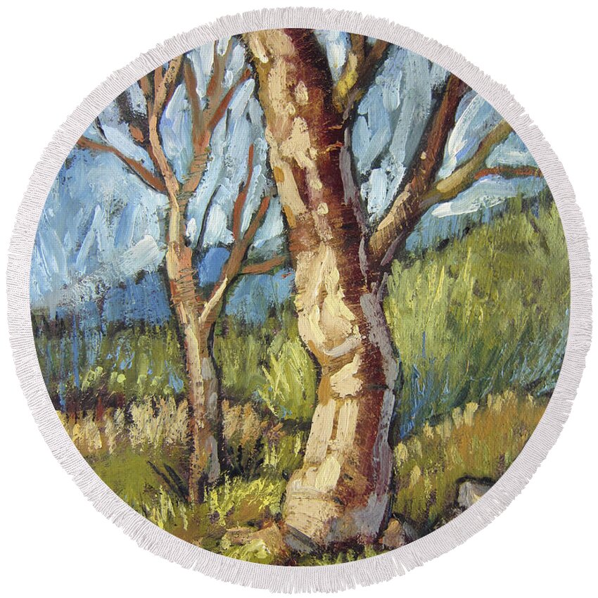Tree Round Beach Towel featuring the painting Trees in Spring by Randy Wollenmann
