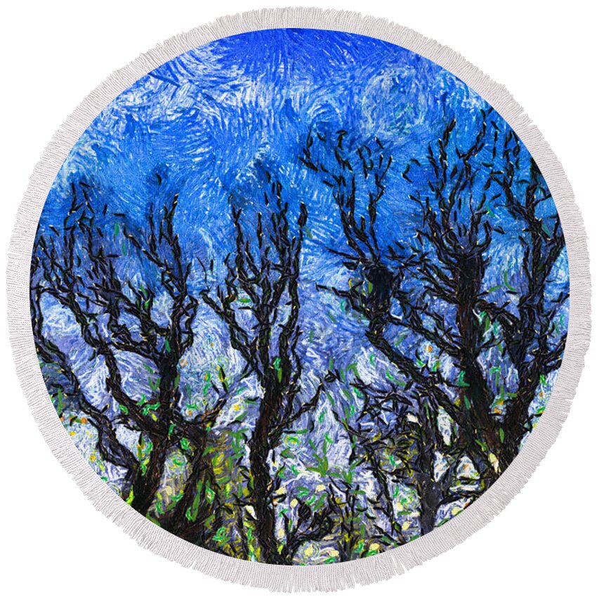 Blues Round Beach Towel featuring the digital art Trees on Blue Night Sky Digital Painting Artwork by Amy Cicconi