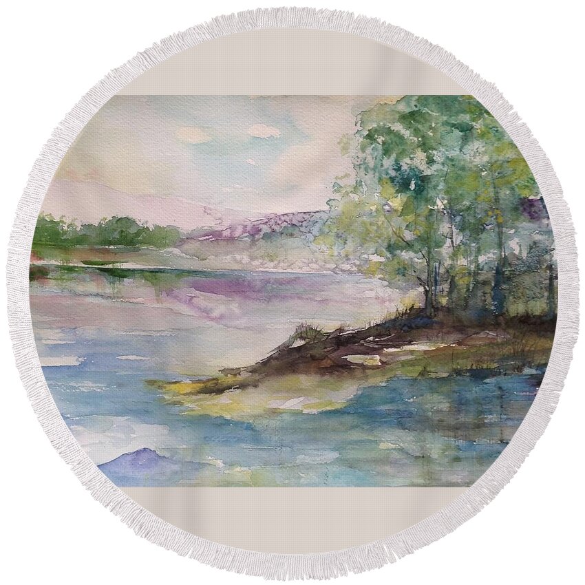 Water Round Beach Towel featuring the painting Trees on Water's Edge by Robin Miller-Bookhout