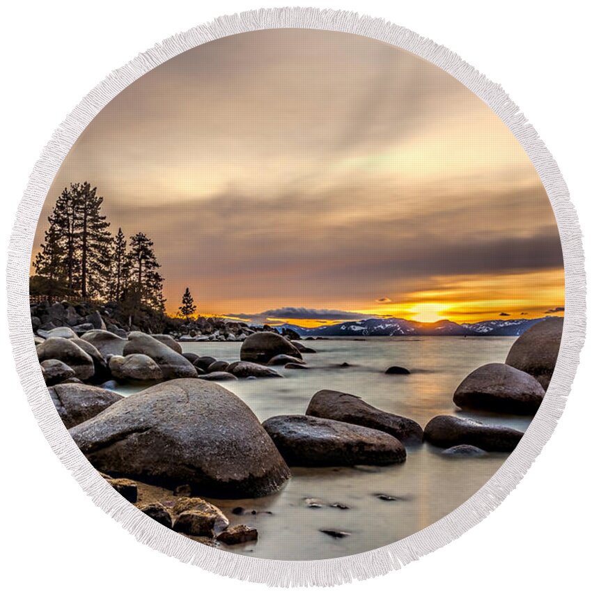 Landscape Round Beach Towel featuring the photograph Trees Water and Rocks by Maria Coulson