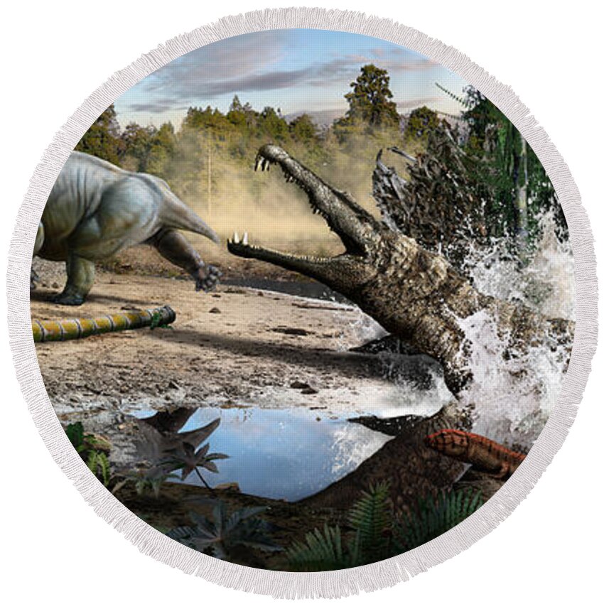 Dinosaur Round Beach Towel featuring the digital art Triassic mural 1 by Julius Csotonyi