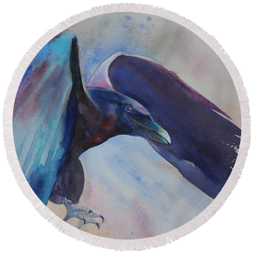 Raven Round Beach Towel featuring the painting Trickster by Ruth Kamenev
