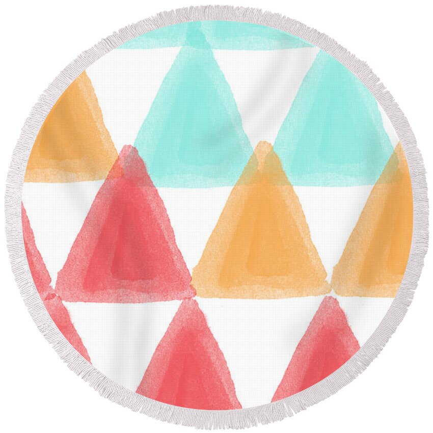 Triangles Round Beach Towel featuring the painting Trifold- colorful abstract pattern painting by Linda Woods