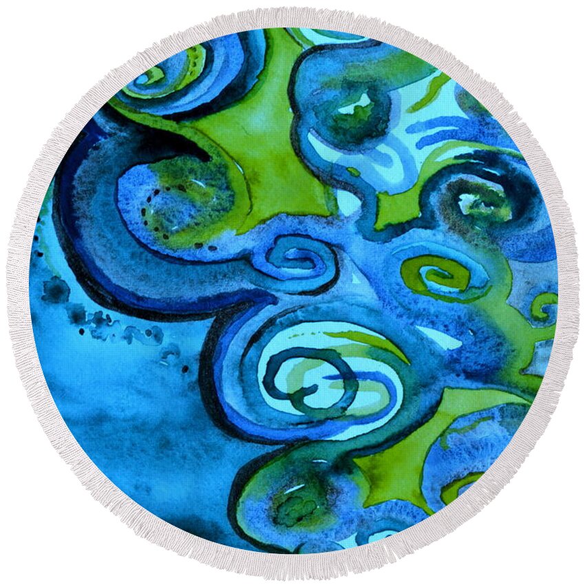  Abstract Round Beach Towel featuring the painting Trippy Blue Erebor by Beverley Harper Tinsley