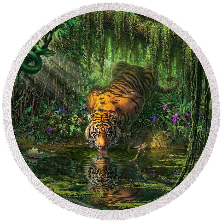 Bambootiger Dragonfly Butterfly Bengal Tiger India Rainforest Junglefredrickson Snail Water Lily Orchid Flowers Vines Snake Viper Pit Viper Frog Toad Palms Pond River Moss Tiger Paintings Jungle Tigers Tiger Art Round Beach Towel featuring the digital art Aurora's Garden by Mark Fredrickson