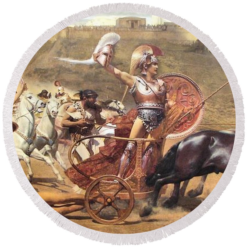 Iliad Round Beach Towel featuring the painting Triumphant Achilles by Franz von Matsch