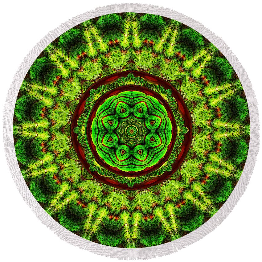 Green Round Beach Towel featuring the digital art Tropic Leaf Pattern Mandala by Deborah Smith