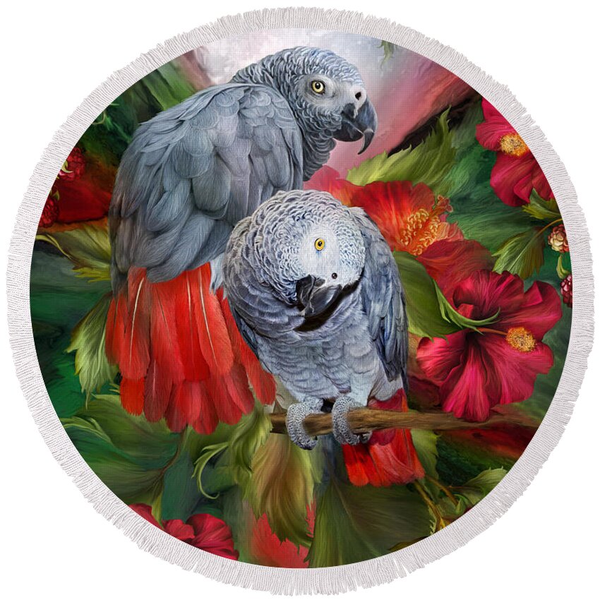 Parrot Round Beach Towel featuring the mixed media Tropic Spirits - African Greys by Carol Cavalaris