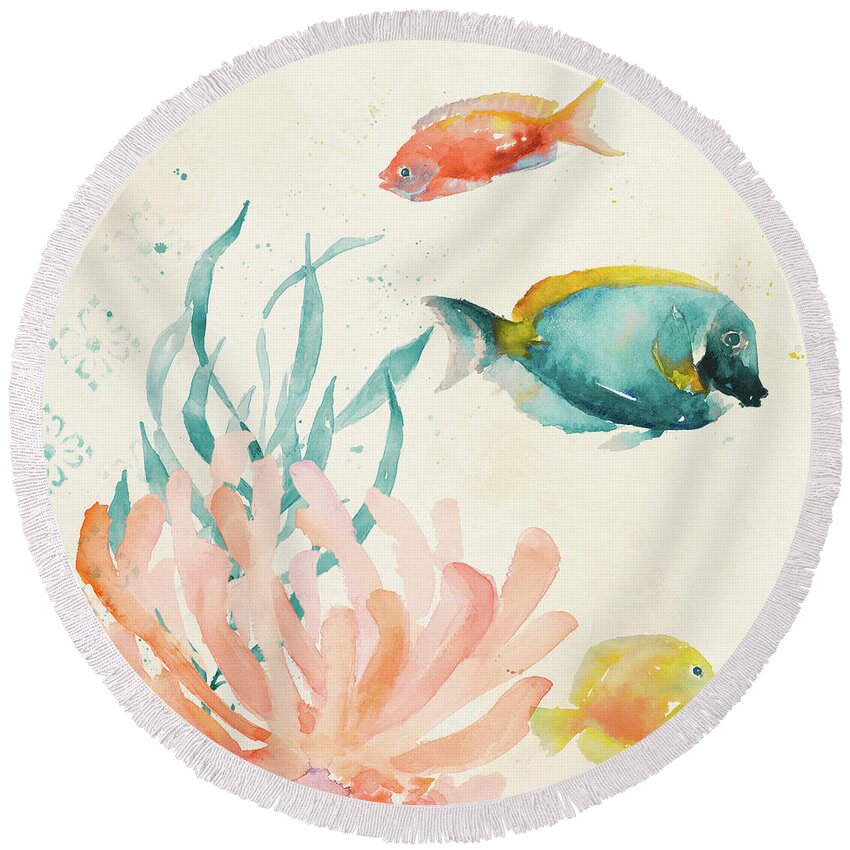 Tropical Round Beach Towel featuring the painting Tropical Teal Coral Medley II by Lanie Loreth