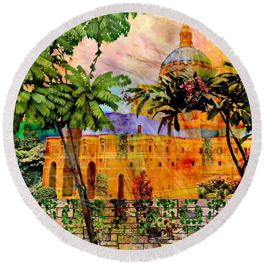 Utopia Round Beach Towel featuring the mixed media Tropical Utopia by Ally White