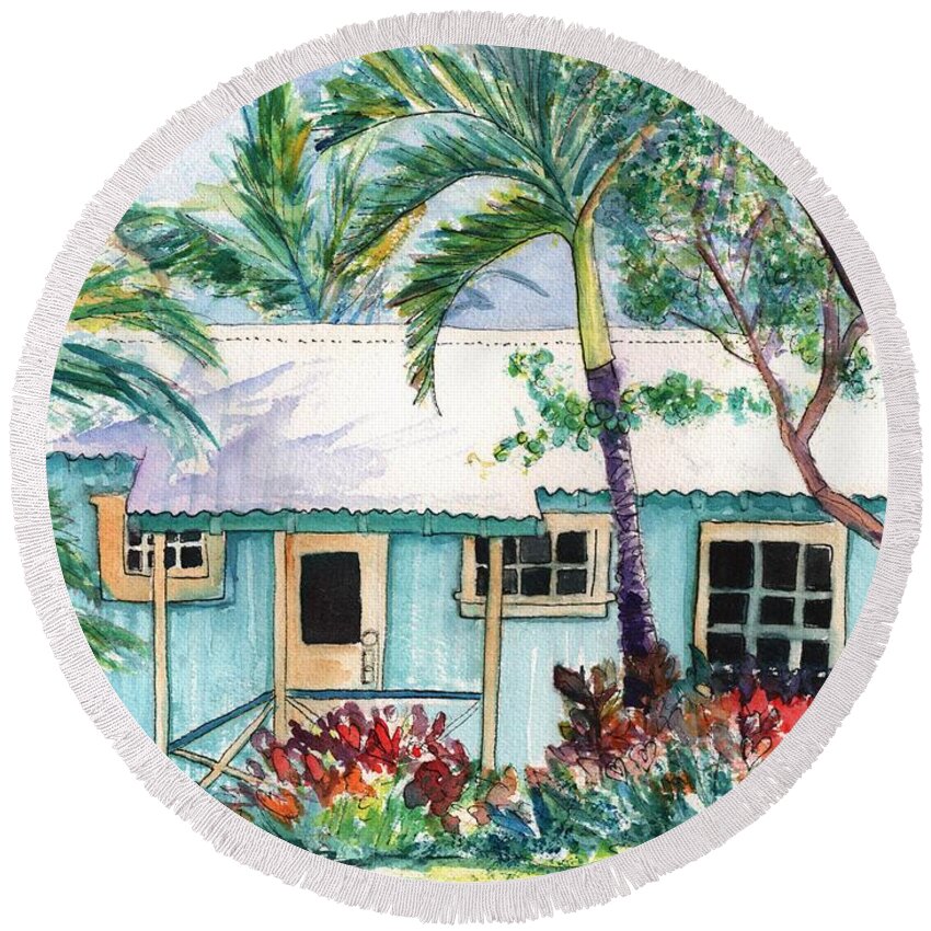 Kauai Cottage Round Beach Towel featuring the painting Tropical Vacation Cottage by Marionette Taboniar