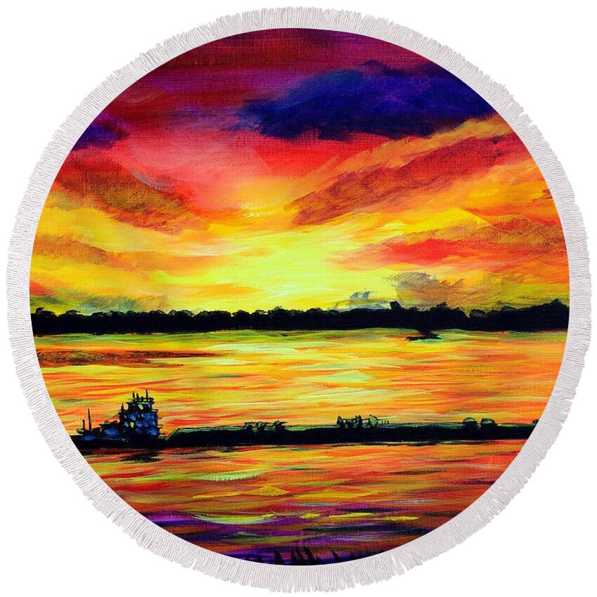 Mississippi River Round Beach Towel featuring the painting Tugboat On The Mississippi by Karl Wagner