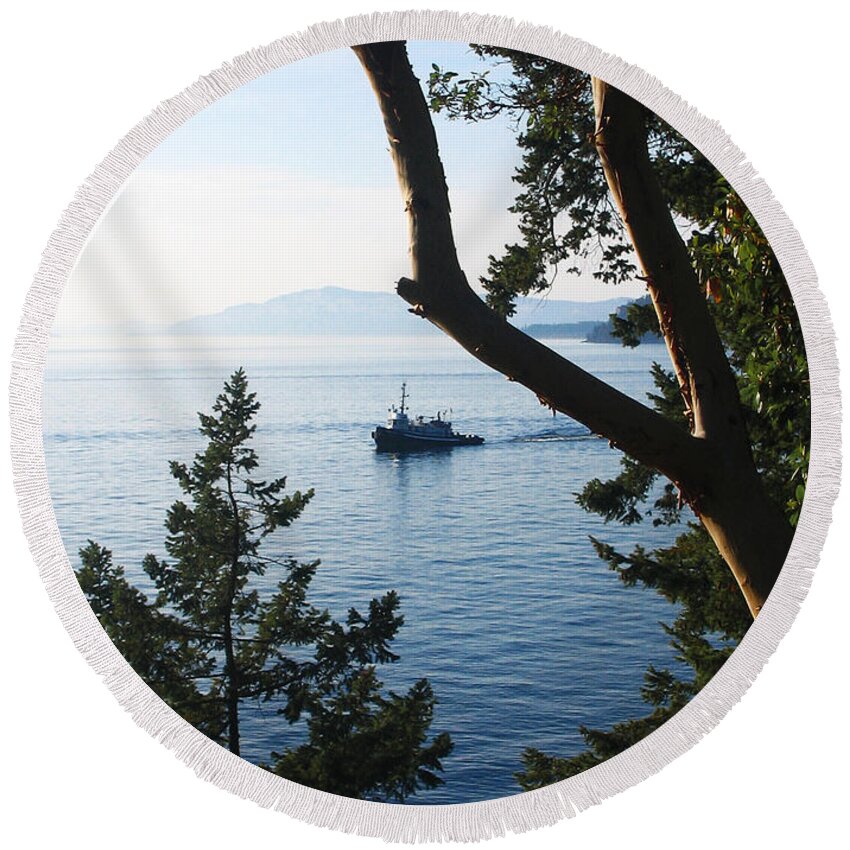 Tugboat Round Beach Towel featuring the photograph Tugboat Passes by Lorraine Devon Wilke