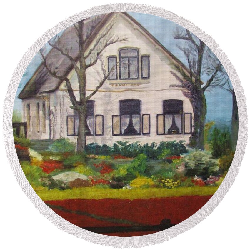 Impressionism Round Beach Towel featuring the painting Tulip Cottage by Martin Howard